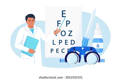 Doctor Ophthalmologist Standing Near Eye Test Chart. Ophthalmology Diagnostics, Checking Vision. Oculist Check Up Eyesight And Choosing Glasses. Vision Correction, Optometry. Vector Illustration