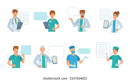 Doctor Opinion Of Collection, Therapist With Speech Bubble. Vector Therapist Doctor Form Hospital Give Advice About Health Illustration