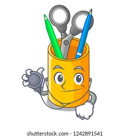 Doctor organizer desktop top view with cartoon