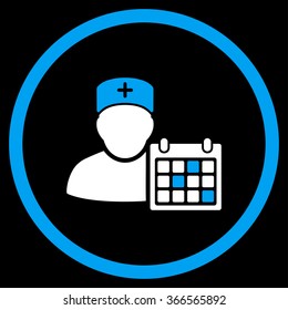 Doctor Organizer vector icon. Style is bicolor flat circled symbol, blue and white colors, rounded angles, black background.