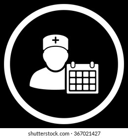 Doctor Organizer vector icon. Style is flat circled symbol, white color, rounded angles, black background.