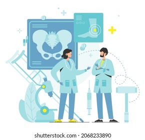 Ortopedista médico que estudia la exploración de las articulaciones de cadera y pierna por rayos xris. Anatomía humana y salud. Traumatología, ortopedia.