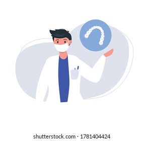 Doctor ortodontist shows retainer for teeth. Orthodontic services. Vector illustration in flat style.