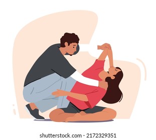 Doctor Osteopath Character Doing Massage Procedure to Client. Professional Healer Adjust Spine Of Woman Sitting On Floor Moving her Hands and Elbow Behind of Head. Cartoon People Vector Illustration