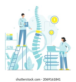 Doctor Osteopath Male Female Characters Examining Human Spine Skeleton. Osteopathy, Chiropractic. Manual Therapy, Vector