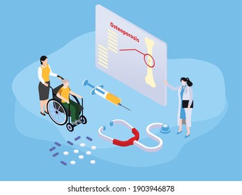 Doctor with Osteoporosis patient 3D isometric vector concept for banner, website, illustration, landing page, flyer, etc