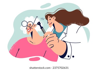 Doctor otorhinolaryngologist checks ears elderly patient complaining of hearing problems and needs medical attention. Chewing otorhinolaryngologist helps grandmother who sought help at private clinic