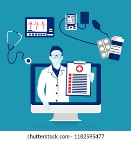 Doctor out of screen computer monitor online diagnosis. Computerized virtual service health help and support. Modern Eps 10 Vector illustration, horizontal image, Minimalist white blue flat design.