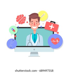 Doctor out of screen monitor. Computer service health. Modern flat design concepts