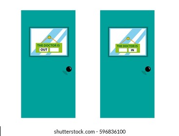 The doctor is in or out signage at the door. Editable Clip Art.