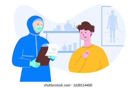 Doctor in overall medical PPE costume in mask and face shield with list sheet checks up a patient with coronavirus.