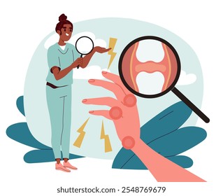 Doctor with painful joints. Woman in medical uniform with magnifying glass. Healthcare and medicine. Diagnosis and treatment. Flat vector illustration isolated on white background