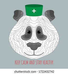Doctor panda in a medical cap. Keep calm and stay healthy. Help during coronavirus COVID-19 pandemic. Zentangle stylized vector illustration. Good medical worker bear. Medical assistance for animals.
