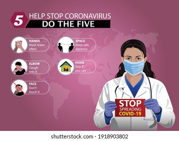 A doctor with a paper with stop spreading covid-19 holding on hand, Coronavirus preventions infographic. preventions methods infographics.	
