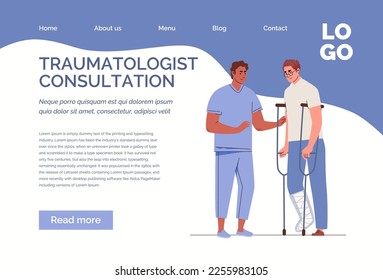 Doctor, paramedic helps young patient walking on crutches with broken leg in cast. Medical rehabilitation, physiotherapy. Website, template, landing page. Vector characters flat cartoon illustration.