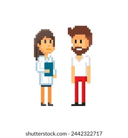 Doctor and patient. 8-bit sprite. isolated vector illustration. Design for stickers, logo, embroidery, mobile app.