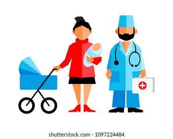 Doctor and patient. Baby doctor with medical bag and mother with newborn and pram. Vector illustration 