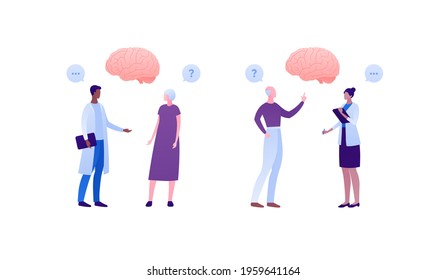 Doctor and patient. Brain disease concept. Vector flat people illustration set. Male and female medic talk with senior. Speech bubble with question mark. Design element for health care.