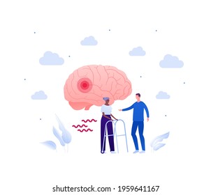 Doctor And Patient. Brain Disease Concept. Vector Flat People Illustration. Male Nurse Care Of African American Female Senior With Walker. Pain And Parkinson Disease Symbol. Design For Health Care.