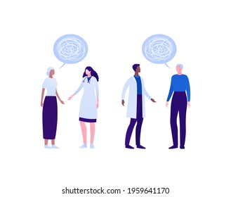 Doctor and patient. Brain disease concept. Vector flat people illustration set. Male and female medic talk with senior. Speech bubble with tangled thread confusion symbol. Design for health care.