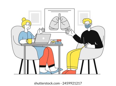 Doctor and patient with bronchitis simple. Woman in medical uniform and man in protective face mask. Health care and medicine. Diagnosis and treatment. Doodle flat vector illustration