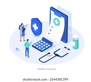 Doctor and patient calculating health insurance policy contract. Medicine and healthcare concept. Flat isometric vector illustration.