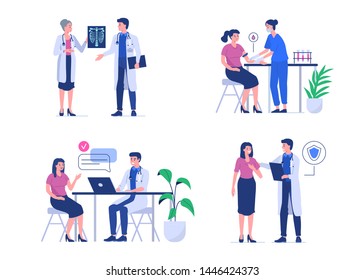 Doctor and patient. Can use for web banner, infographics, hero images.  Flat style vector illustration isolated on white background.