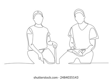 Doctor and patient carrying out an examination. Care jobs concept one-line drawing