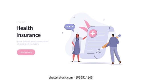 Doctor and patient characters filling, calculating and signing health insurance contract. Modern health care services and medicine concept. Flat cartoon vector illustration.