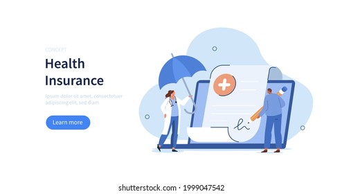 Doctor and patient characters filling and signing health insurance contract online on laptop. Modern health care services and medicine concept. Flat cartoon vector illustration.