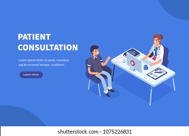 Doctor and patient concept banner with characters. Can use for web banner, infographics, hero images. Flat isometric vector illustration.
