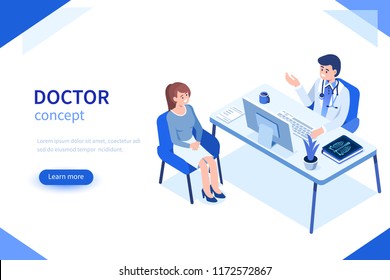 Doctor and patient concept banner with characters. Can use for web banner, infographics, hero images. Flat isometric vector illustration.