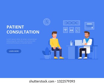 Doctor and patient concept banner with characters. Patient consultation. Can use for web banner, infographics, hero images. Flat vector illustration. 