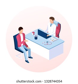 Doctor And Patient Concept. Medical Consultation And Diagnosis. Healthcare. Isometric Flat Vector Illustration.