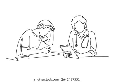 Conceito de médico e paciente. Design de desenho de linha única. Ilustração gráfica vetorial