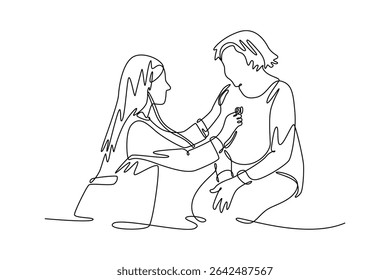 Doctor and patient concept. Single line draw design. Vector graphic illustration