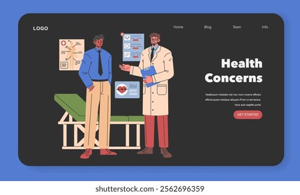 Doctor Patient Consultation concept. A medical professional advises a male patient in a clinic setting, discussing health concerns. Digital healthcare platform interface. Vector illustration.