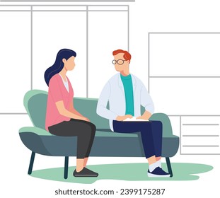 doctor and patient consultation, sitting on green sofa vector image for business card icon banner poster, easy to edit