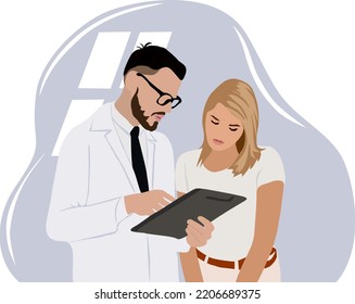 Doctor and patient. Doctor consultation. Visit. Modern clinic. Diagnosis. Vector flat cartoon realistic illustration. Doctor appointment.