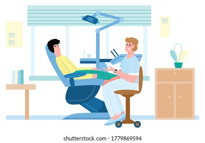 Doctor and patient at dental clinic, flat cartoon vector illustration. Patient at dentists office on medical examination checking his dental condition.