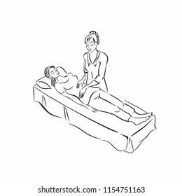 Doctor and patient. Diagnostics. Doctor's session. Inspection. Medicine.  Sketch. Vector.
