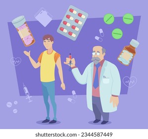Doctor and patient with different medication vector illustration. Cartoon drawing of medical professional with client, pills or prescription medicine. Medicine, healthcare, treatment, pharmacy concept