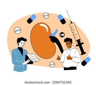 Doctor and patient discussing kidney health with medical elements like pills and syringe on abstract background. Concept of nephrology and treatment