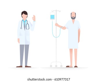 A Doctor And Patient With A Drop Counter, The Process Of Inpatient Treatment. Healthcare, Medical Insurance And Rehabilitation Concept. Vector Flat Illustration Isolated On White Background