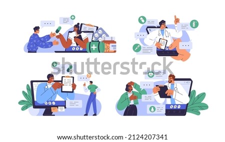 Doctor and patient during online video calls set. Telemedicine, virtual healthcare concept. Apps, web services for remote medical help. Flat graphic vector illustrations isolated on white background
