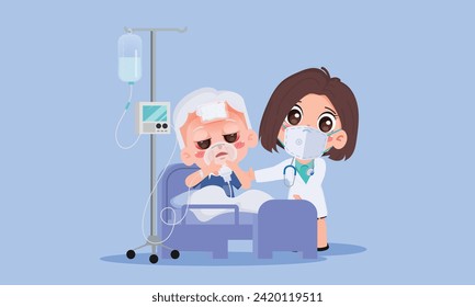 Doctor and patient elderly man treatment in the hospital with saline bag. Cartoon chibi cute character people vector.