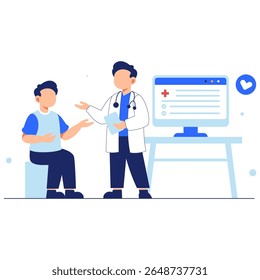 Um médico e paciente envolvidos em uma consulta amigável dentro de um ambiente médico brilhante e moderno