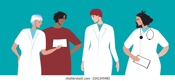 Doctor and patient with excess weight and diabetes. Flat vector stock illustration. Process of treating disease diabetes and size plus. Team of doctors makes diagnosis