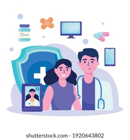doctor and patient female with telemedicine set icons vector illustration design