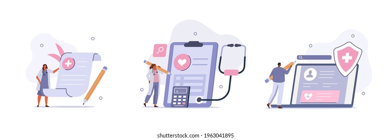 Doctor and Patient Filling, Calculating and Signing Health and Life Insurance Contract Online. Various Healthcare Scenes. Medicine Concept. Flat Cartoon Vector Illustration and Icons Set.
